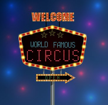 Shining background retro light banner with the word circus
