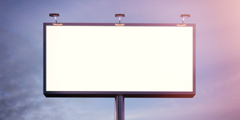 Blank billboard made of chrome metal at twilight ready for new advertisement. Flare effect. 3d render
