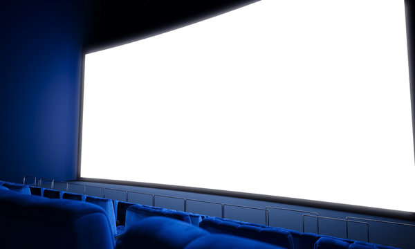 Empty cinema screen with blue seats. 3d render