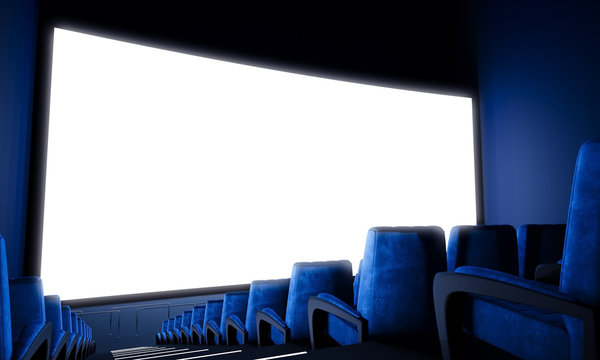 Empty cinema screen with blue seats. Wide. 3d render