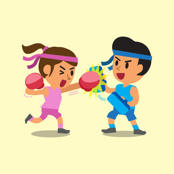 Cartoon sport woman and man doing boxing training
