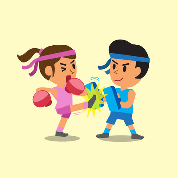 Cartoon sport woman and man doing kickboxing training