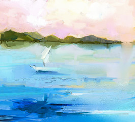 Fototapeta premium Abstract colorful oil painting landscape on canvas. Semi- abstract image of white sailboat and green hill, blue lake with sunlight and sky. Spring season nature background
