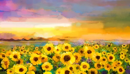 Foto op Plexiglas Olieverfschilderij geelgouden zonnebloem, madeliefjebloemen in velden. Het landschap van de zonsondergangweide met wilde bloemen, heuvel en hemel in oranje, blauwe violette achtergrond. Handverf zomer bloemen impressionistische stijl © nongkran_ch