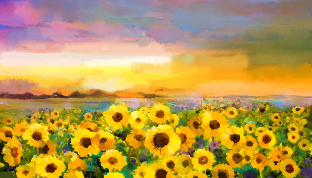 Oil painting yellow- golden Sunflower, Daisy flowers in fields. Sunset meadow landscape with wildflower, hill and sky in orange, blue violet background. Hand Paint summer floral Impressionist style
