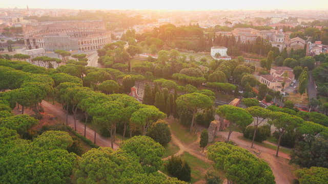 Aerial Roman architecture and Castel Sant angelo fortress and bridge view in Rome, Italy.