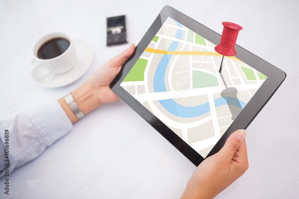 Poster composite image of man using tablet pc