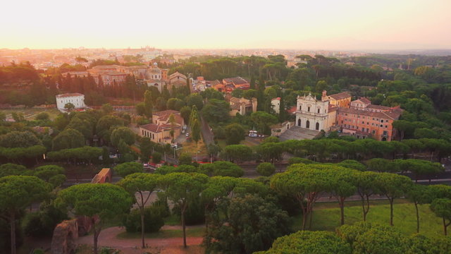 Aerial Roman architecture and Castel Sant angelo fortress and bridge view in Rome, Italy.