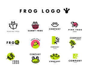 Collection of cute simple flat logo with frog icons and characters.