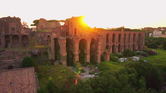 Aerial Hippodrome Stadium of Domitian, Palatine Hill in sunrise,Rome Italy