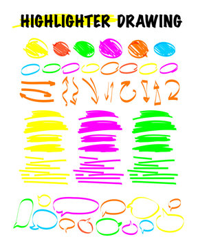 Collection of hand drawn doodle highlighter drawn elements, arrows, frames, dialog boxes