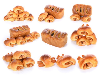 collection of Bread stuffed with hotdog and Raisin Bread on whit