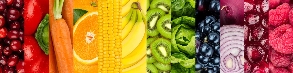 Fototapeten Collage aus buntem, gesundem Obst und Gemüse © stockphoto-graf