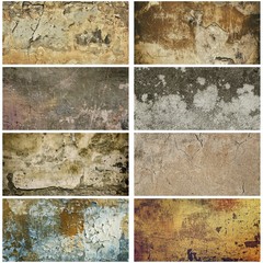 Collection of eight images with vintage grunge texture of old weathered dirty wall