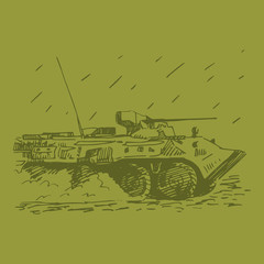 An armoured personnel carrier (APC). Russian BTR. Vector freehand pencil sketch.