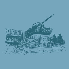 Monument to the Soviet T-34 tank near the Uralvagonzavod in Nizhny Tagil, Russia. Vector sketch.