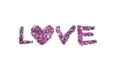Word Love of purple glitter sparkle on white background