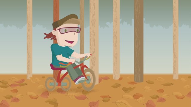 Child riding a tricycle. Animation of a boy riding a tricycle in a forest in autumn.