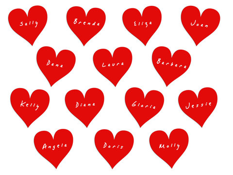 14 hearts with names of women on Valentine's Day. White background