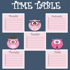 Calendar schedule lessons with owls for girls vector