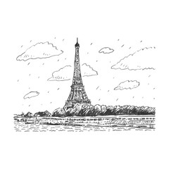 The Eiffel tower from the river Seine in Paris, France. Travel Paris icon. Vector hand drawn sketch.