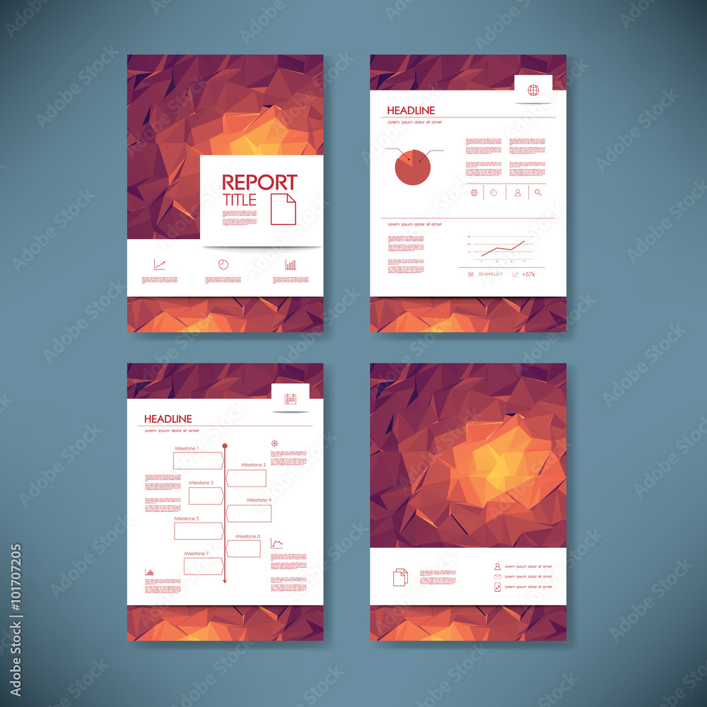 Poster business report template with low poly background. project management brochure document layout for c