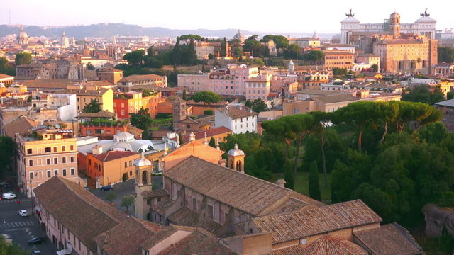 Aerial Roman architecture and Castel Sant angelo fortress and bridge view in Rome, Italy.