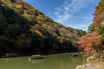 京都　嵐山　屋形船と紅葉