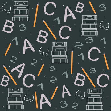 seamless pattern with books icons, pens, numbers, letters
