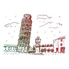 View of the Leaning Tower of Pisa, Italy. Vector hand drawn sketch.