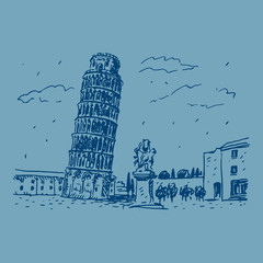 View of the Leaning Tower of Pisa, Italy. Vector hand drawn sketch.
