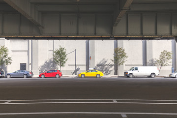 Cars parked on the street under overpass in Manhattan, NYC