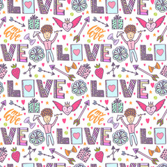 Valentines day romantic background. Vector creative pattern with cupid angel, arrows and love words. Creative seamless print