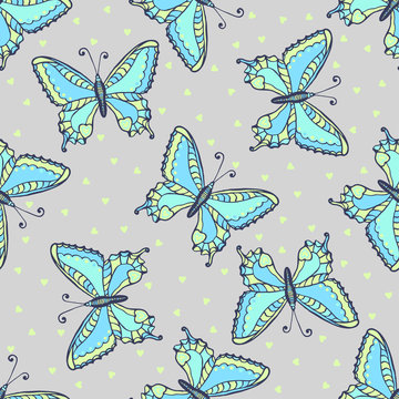 Blue butterflies seamless pattern on fashion grey color. Hand drawn butterfly vector illustration for fabric, wrapping or packaging and other beauty design.