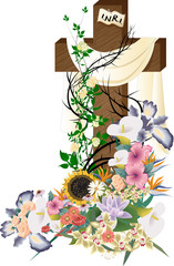 Vintage Easter empty cross with white cloth, white roses, flowers and thorns, Happy Easter, He is risen vector illustration
