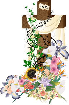 Vintage Easter Empty Cross With White Cloth, White Roses, Flowers And Thorns, Happy Easter, He Is Risen Vector Illustration