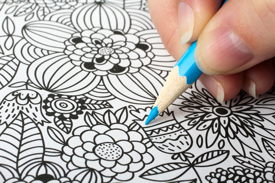 colorer - antistress with colored pencils.The woman draws thereby relieves stress