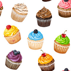 Seamless pattern with set of cupcakes