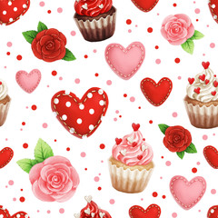 Materiał do szycia Valentine's day seamless pattern with cupcakes, hearts and flowers isolated
