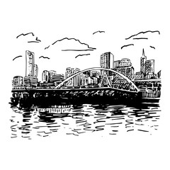 View of Melbourne, Australia. Southgate Footbridge across the river Yarra. Vector freehand pencil sketch.