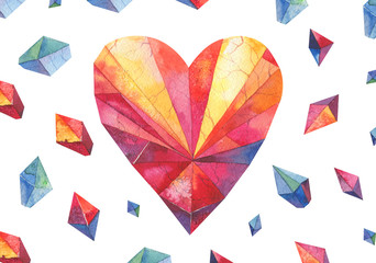 polygon watercolor heart .Diamond shape.