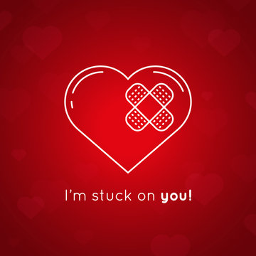 I'm stuck on you message - concept Valentines Day card. White line drawing of heart with plaster on red background. Vector illustration.