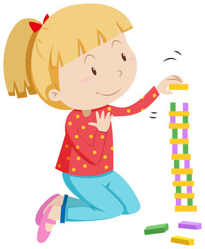 Little Girl Stacking Wooden Blocks