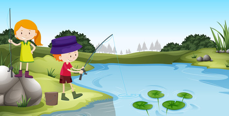 Boy and girl fishing at the river