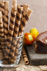 Striped wafer rolls, delicious chocolate snack
