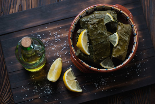 Above view of traditional eastern grape leaves with stuffing
