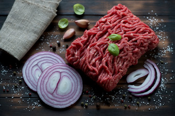 Close-up of uncooked beef ground meat, selective focus