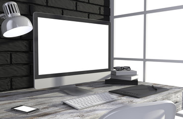 Fototapeta premium 3D illustration PC screen on table in office, Workspace