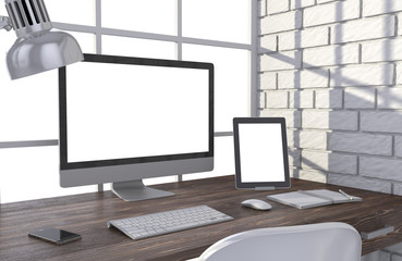 Fototapeta premium 3D illustration PC screen on table in office, Workspace