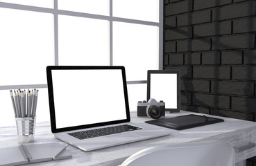 Fototapeta premium 3D illustration laptop and work stuff on table near brick wall, Workspace